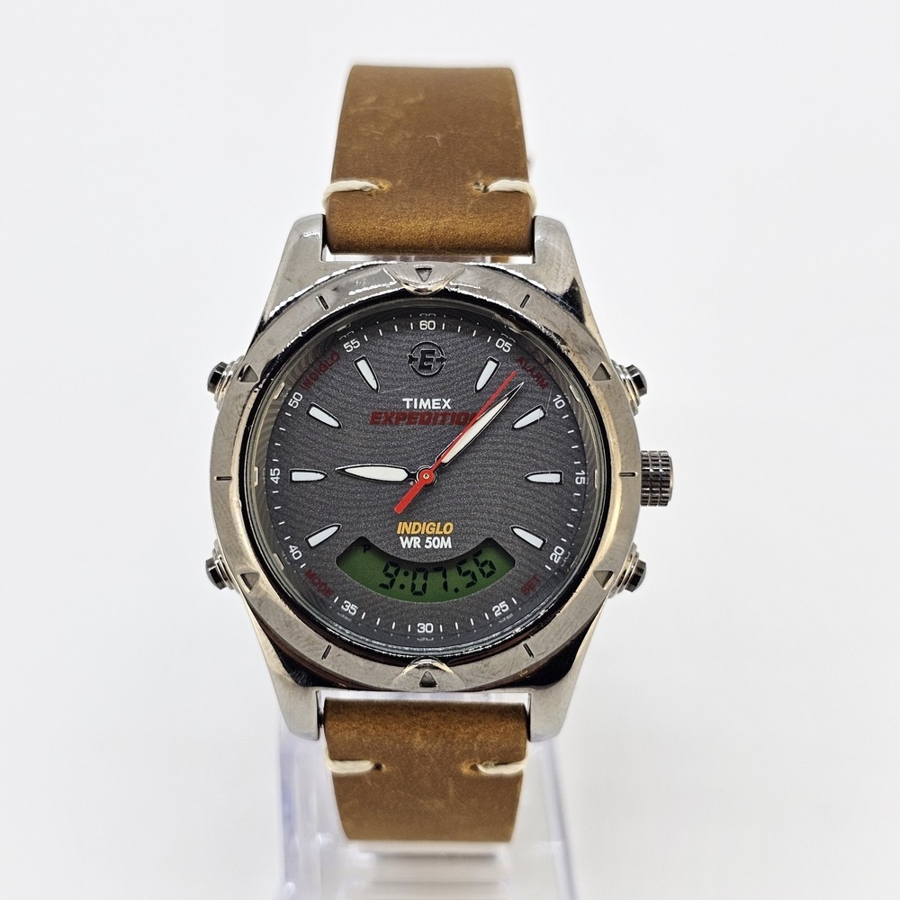 Timex Expedition AnaDig Men Watch 38MM Gray Dial NEW Brown Leather Bands Battery
